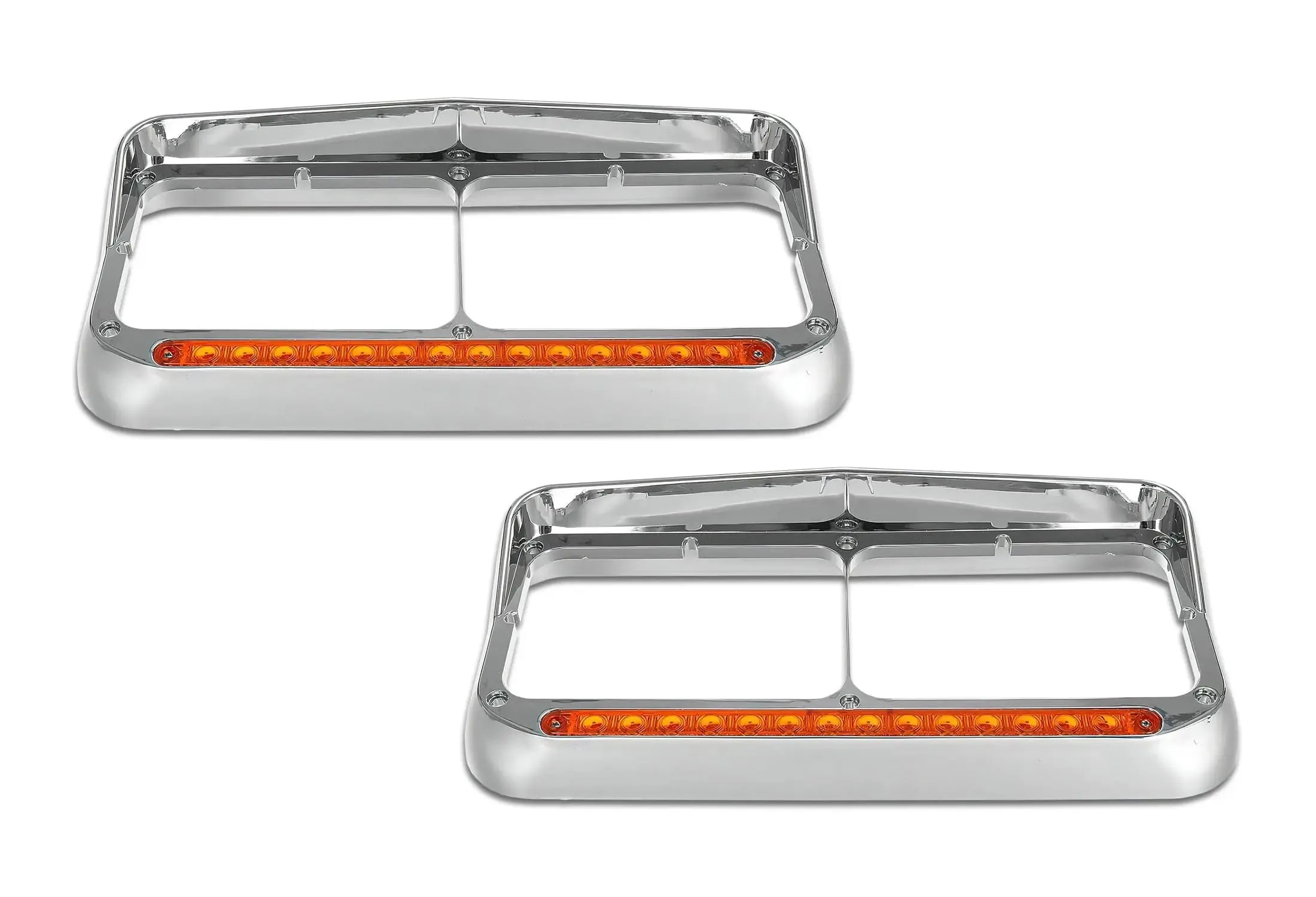 Headlights Bezels Chrome with 12" Amber LED Light Strip Bar Freightliner FLD Classic XL