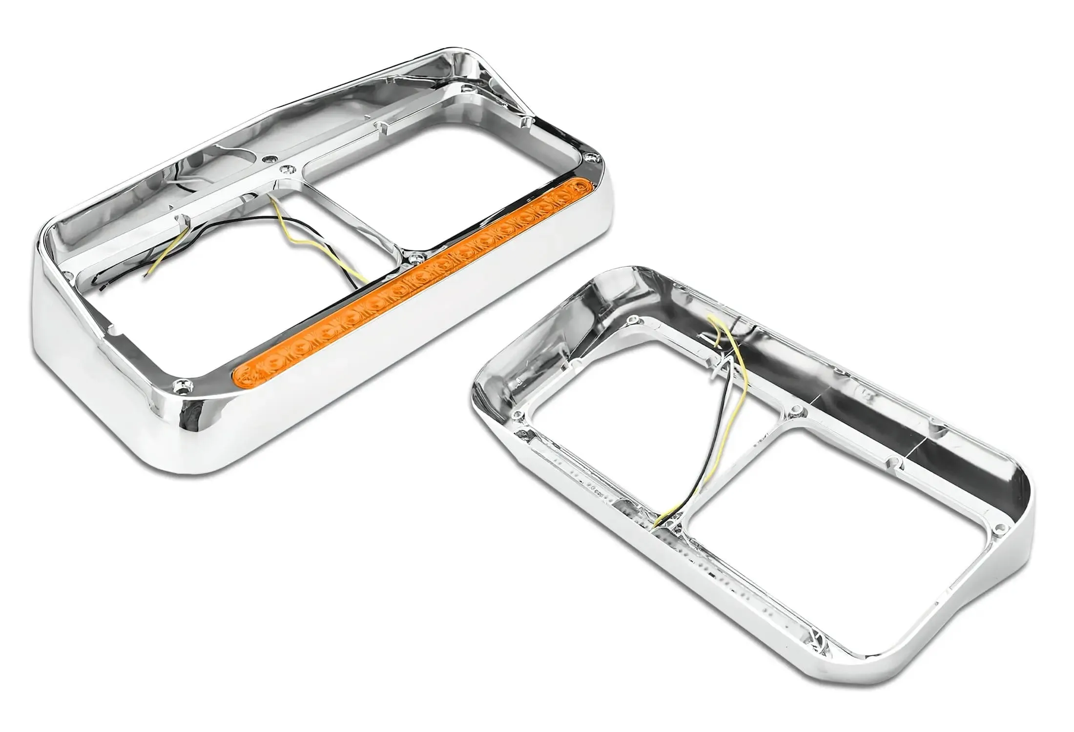 Headlights Bezels Chrome with 12" Amber LED Light Strip Bar Freightliner FLD Classic XL