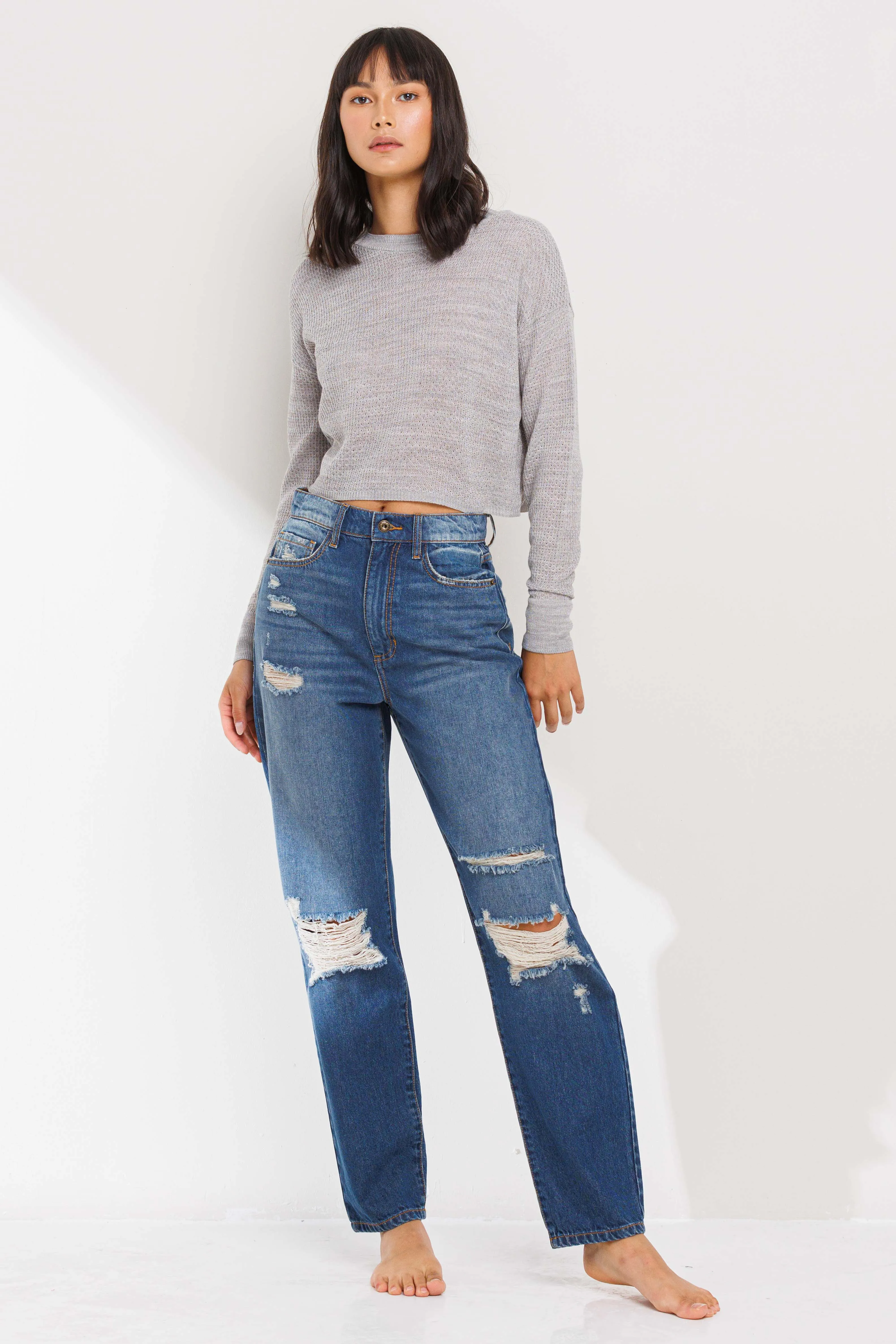 HIGH RISE PINCH WAIST STRAIGHT LEG JEANS WITH DISTRESSING  / SP-P11653