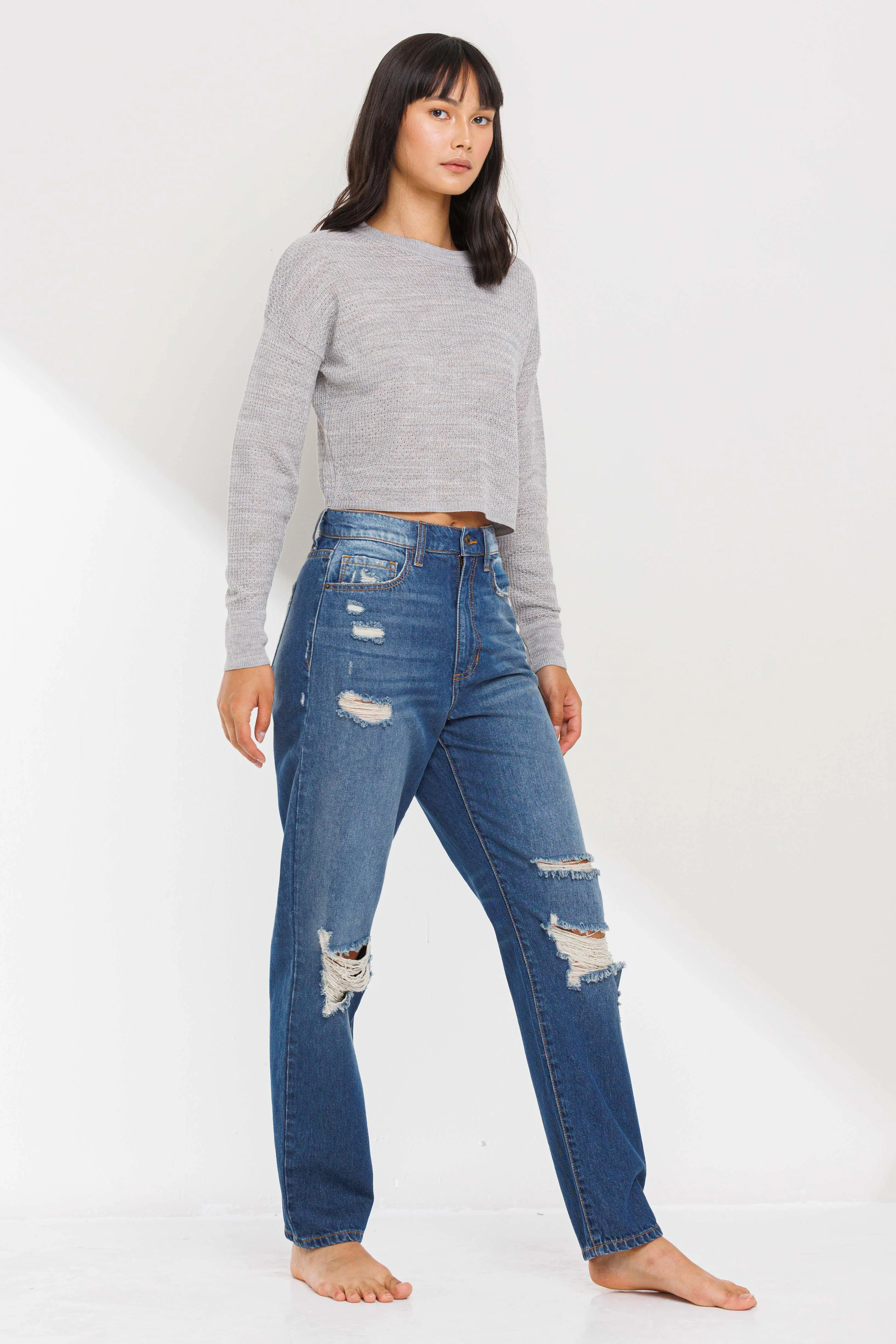 HIGH RISE PINCH WAIST STRAIGHT LEG JEANS WITH DISTRESSING  / SP-P11653