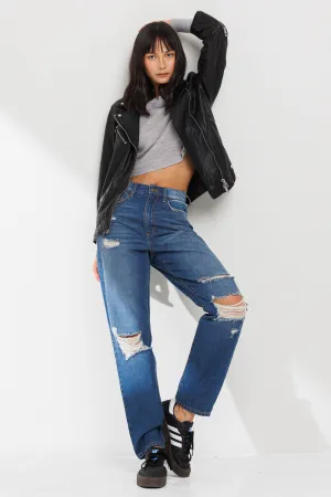 HIGH RISE PINCH WAIST STRAIGHT LEG JEANS WITH DISTRESSING  / SP-P11653