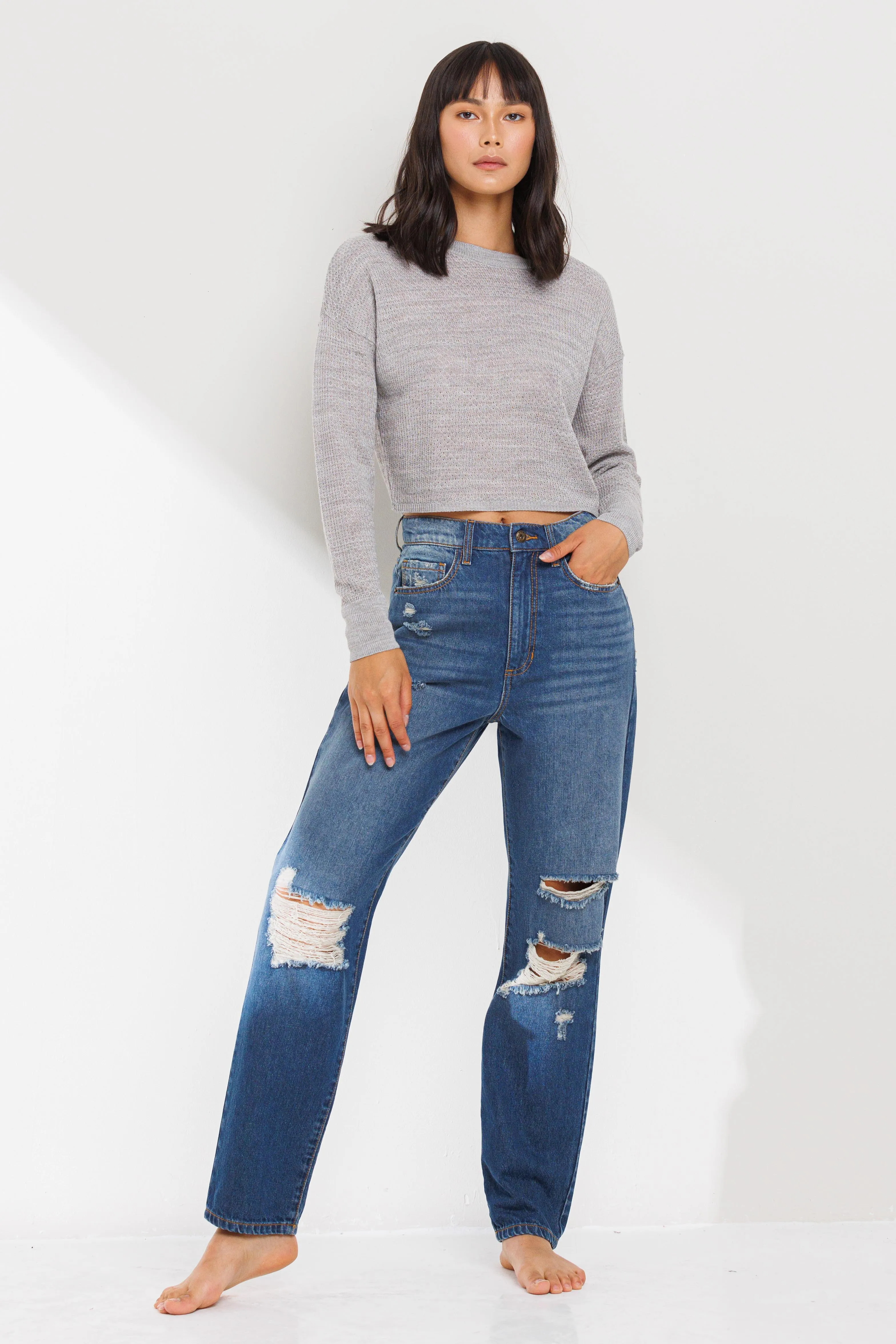 HIGH RISE PINCH WAIST STRAIGHT LEG JEANS WITH DISTRESSING  / SP-P11653