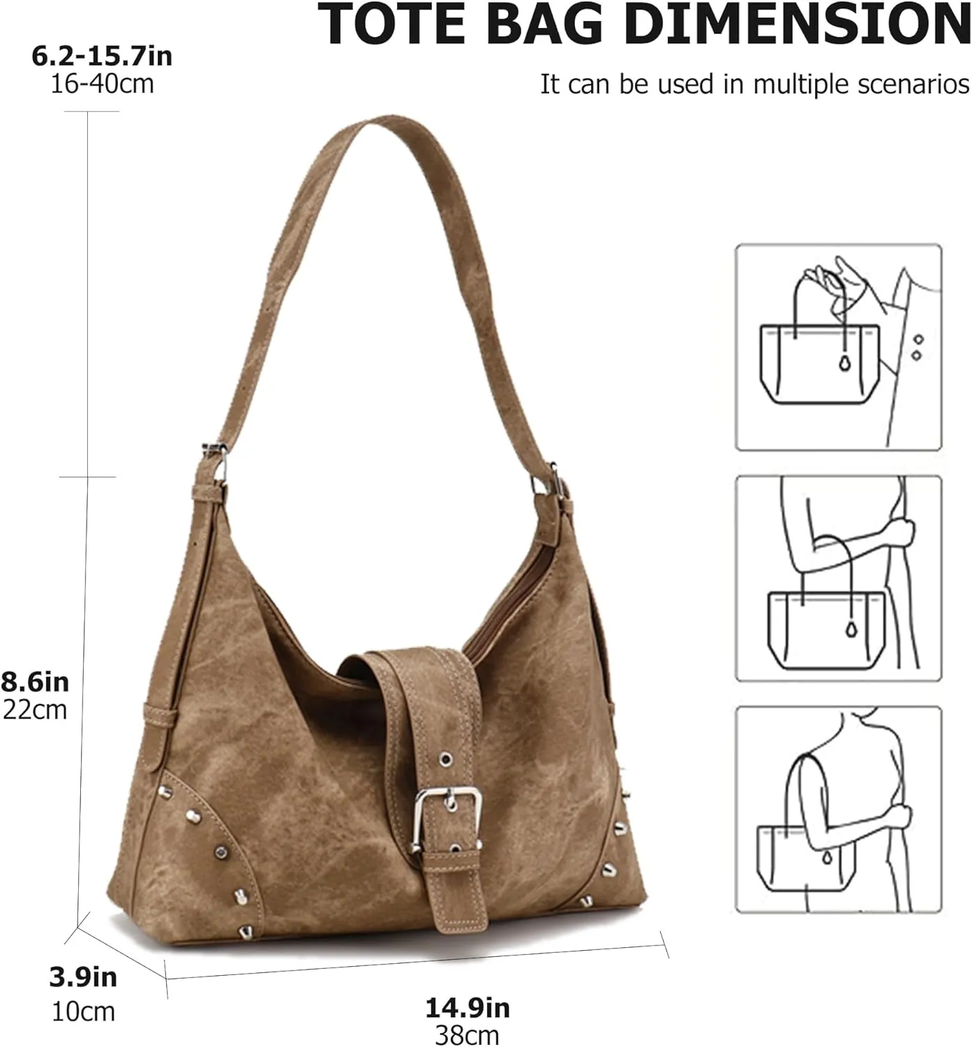 Hobo Bags for Women Retro Rivet Shoulder Handbag Vegan Leather Underarm Purse