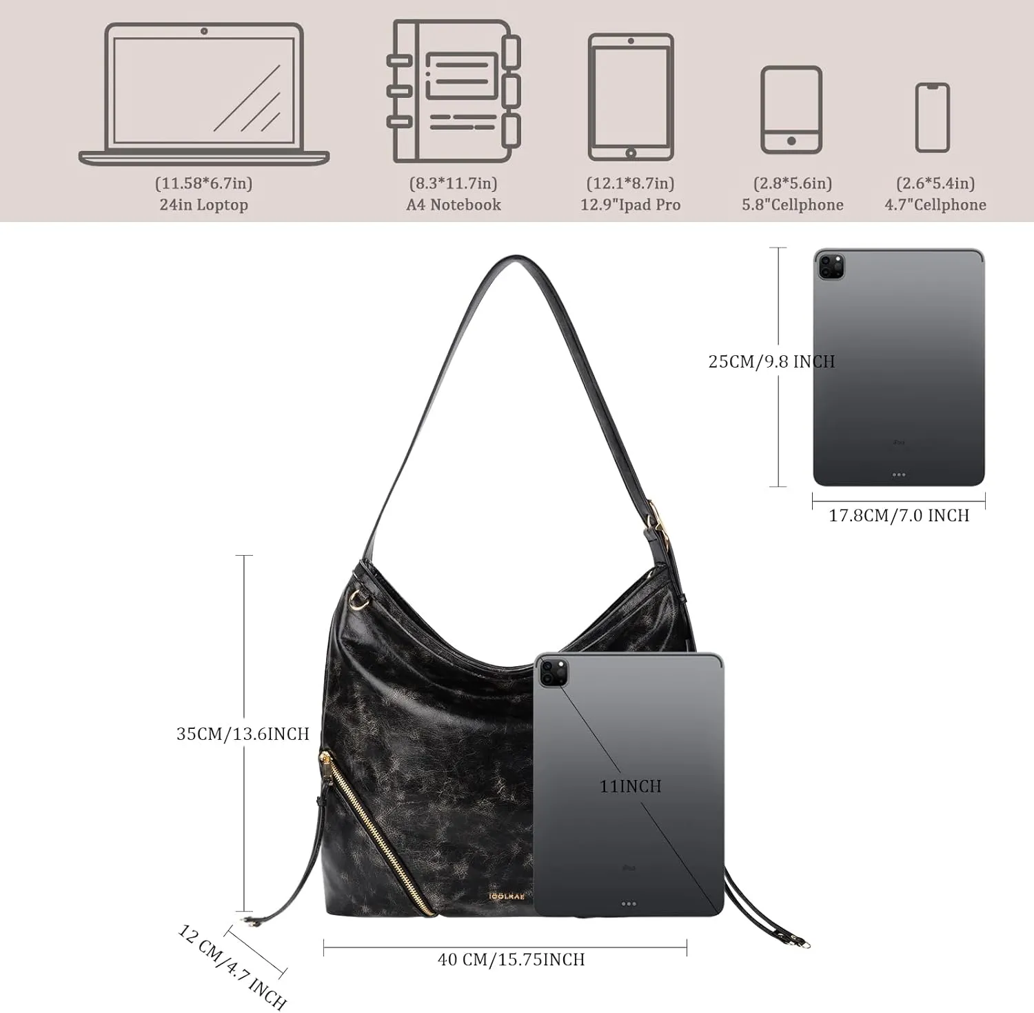 Hobo Bags for Women with Stylish Zipper Detailing Vegan Leather Large Trendy Shoulder Tote Purses Adjustment Strap