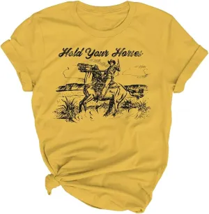 Hold Your Horses T Shirt Women Funny Rodeo Graphic Tees Vintage Cowboy Vacation Short Sleeve Shirts Tops