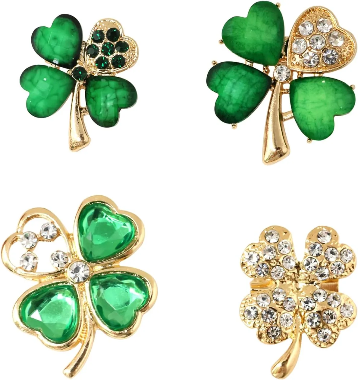 Honbay 4PCS Dainty Sparkling Alloy Rhinestone Four-leaf Clover Brooch Pins St Patrick's Day Good Luck Charms Irish Festival Green Resin Acrylic Lucky Clover Brooches