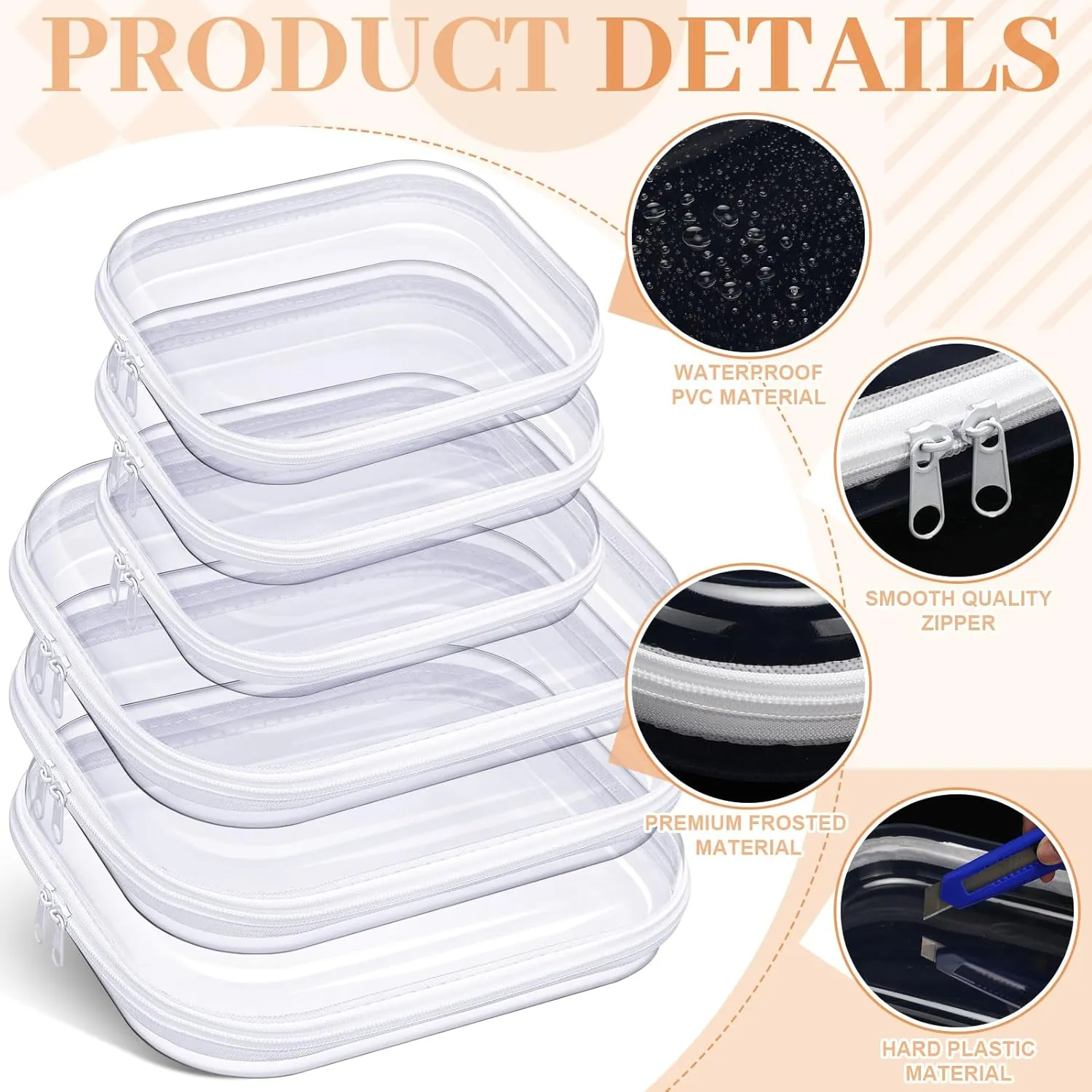 Hoolerry 6 Pcs Hard Clear Zipper Case Transparent Zipper Hard Pouch for Snacks Makeup Bag Plastic Cosmetic Bag Portable Travel Organizer for Makeup Storage(White,Big,Medium)