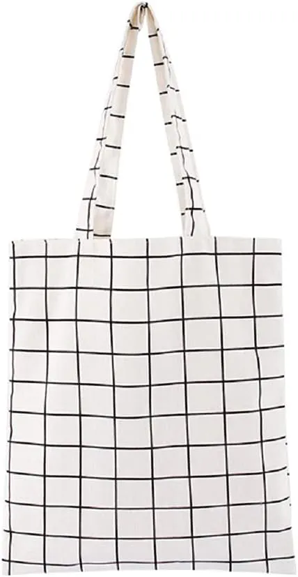 Hooshing Canvas Tote Bag Cute Plaid Reusable 100% Cotton with Zipper and Inside Pocket White