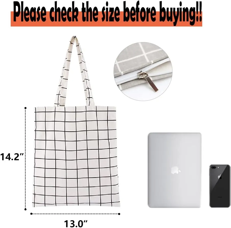 Hooshing Canvas Tote Bag Cute Plaid Reusable 100% Cotton with Zipper and Inside Pocket White