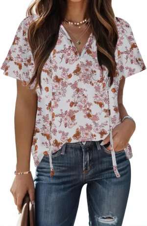 HOTOUCH Women's Casual Short Sleeve Shirts Summer Printed V Neck Blouses Drawstring Ruffled Boho T Shirt Flowy Tunic