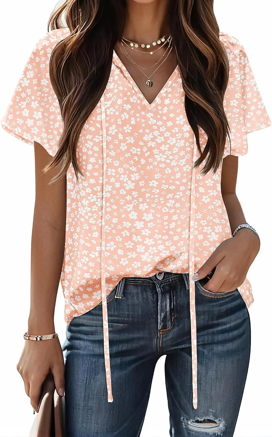 HOTOUCH Women's Casual Short Sleeve Shirts Summer Printed V Neck Blouses Drawstring Ruffled Boho T Shirt Flowy Tunic
