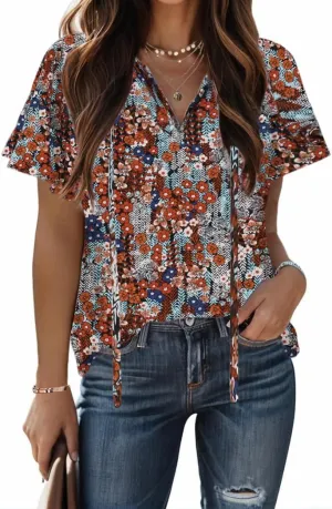 HOTOUCH Women's Casual Short Sleeve Shirts Summer Printed V Neck Blouses Drawstring Ruffled Boho T Shirt Flowy Tunic