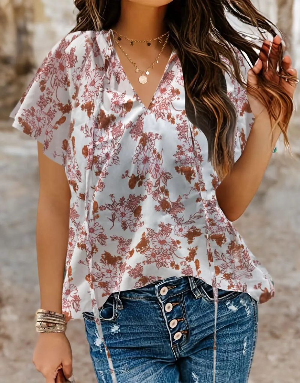HOTOUCH Women's Casual Short Sleeve Shirts Summer Printed V Neck Blouses Drawstring Ruffled Boho T Shirt Flowy Tunic