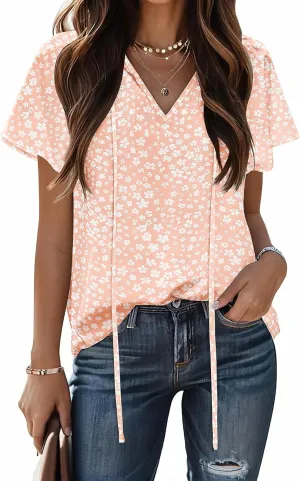 HOTOUCH Women's Casual Short Sleeve Shirts Summer Printed V Neck Blouses Drawstring Ruffled Boho T Shirt Flowy Tunic