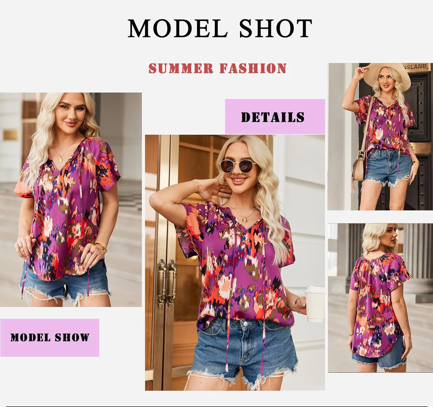 HOTOUCH Women's Casual Short Sleeve Shirts Summer Printed V Neck Blouses Drawstring Ruffled Boho T Shirt Flowy Tunic