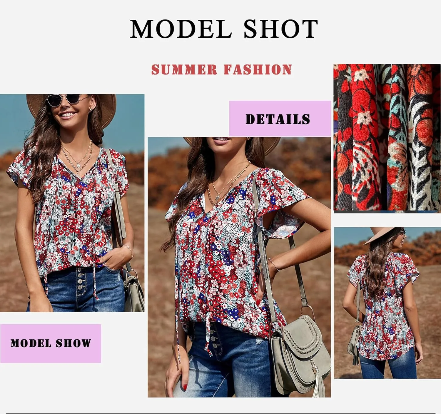 HOTOUCH Women's Casual Short Sleeve Shirts Summer Printed V Neck Blouses Drawstring Ruffled Boho T Shirt Flowy Tunic