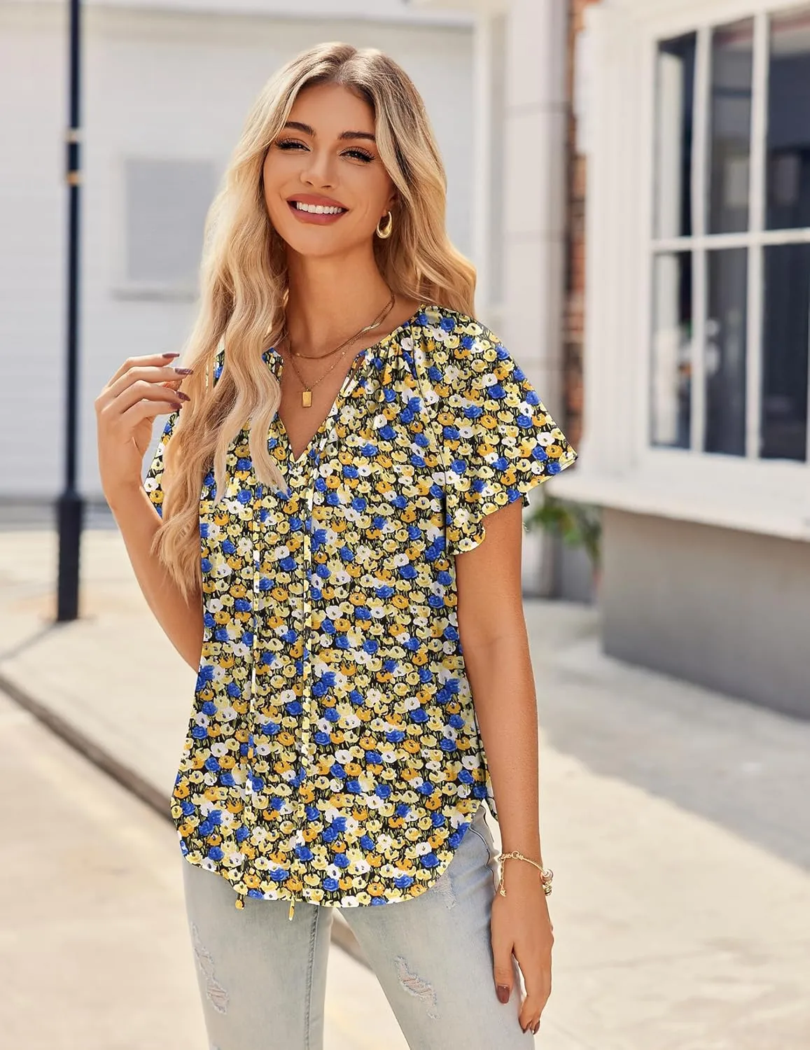 HOTOUCH Women's Casual Short Sleeve Shirts Summer Printed V Neck Blouses Drawstring Ruffled Boho T Shirt Flowy Tunic
