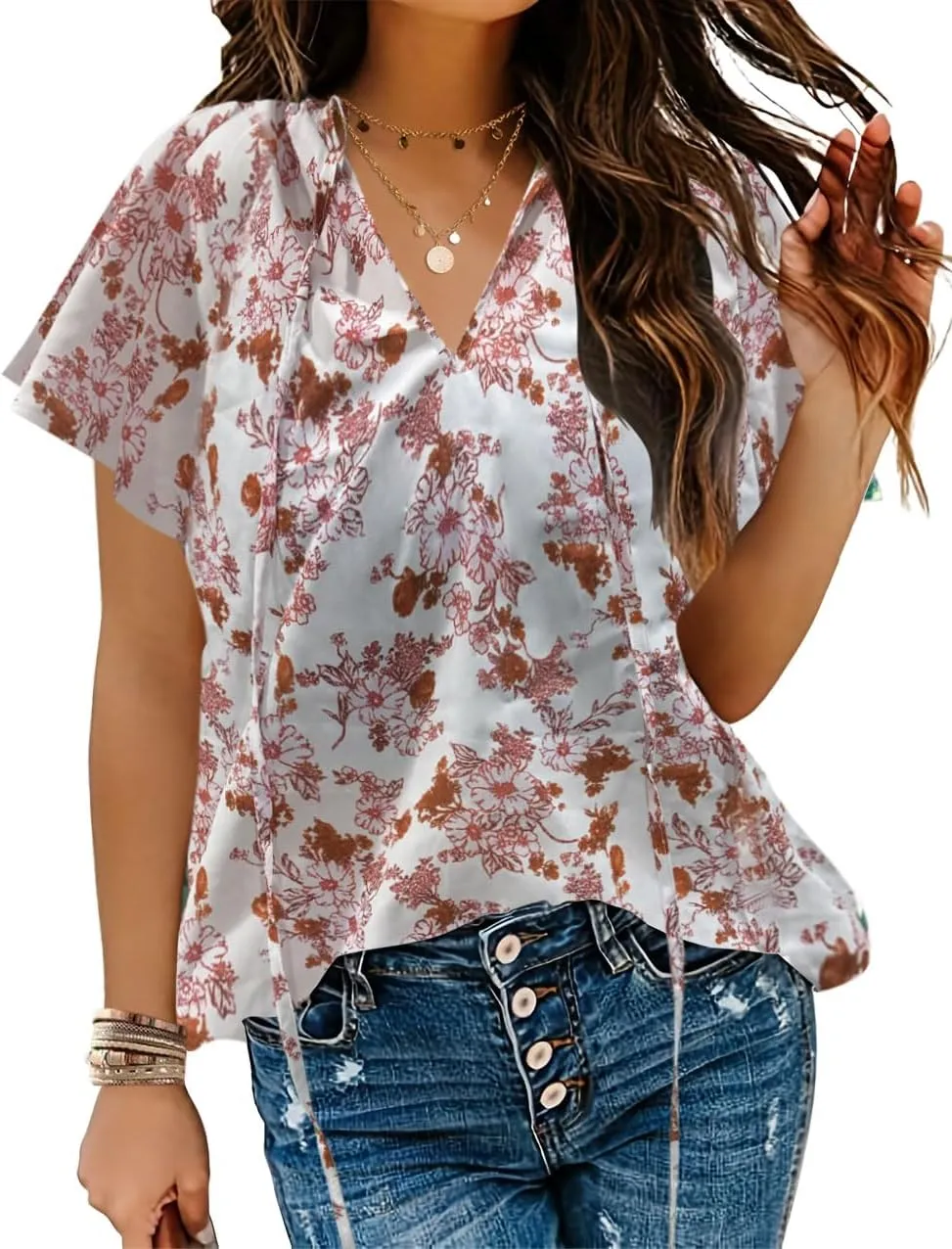 HOTOUCH Women's Casual Short Sleeve Shirts Summer Printed V Neck Blouses Drawstring Ruffled Boho T Shirt Flowy Tunic