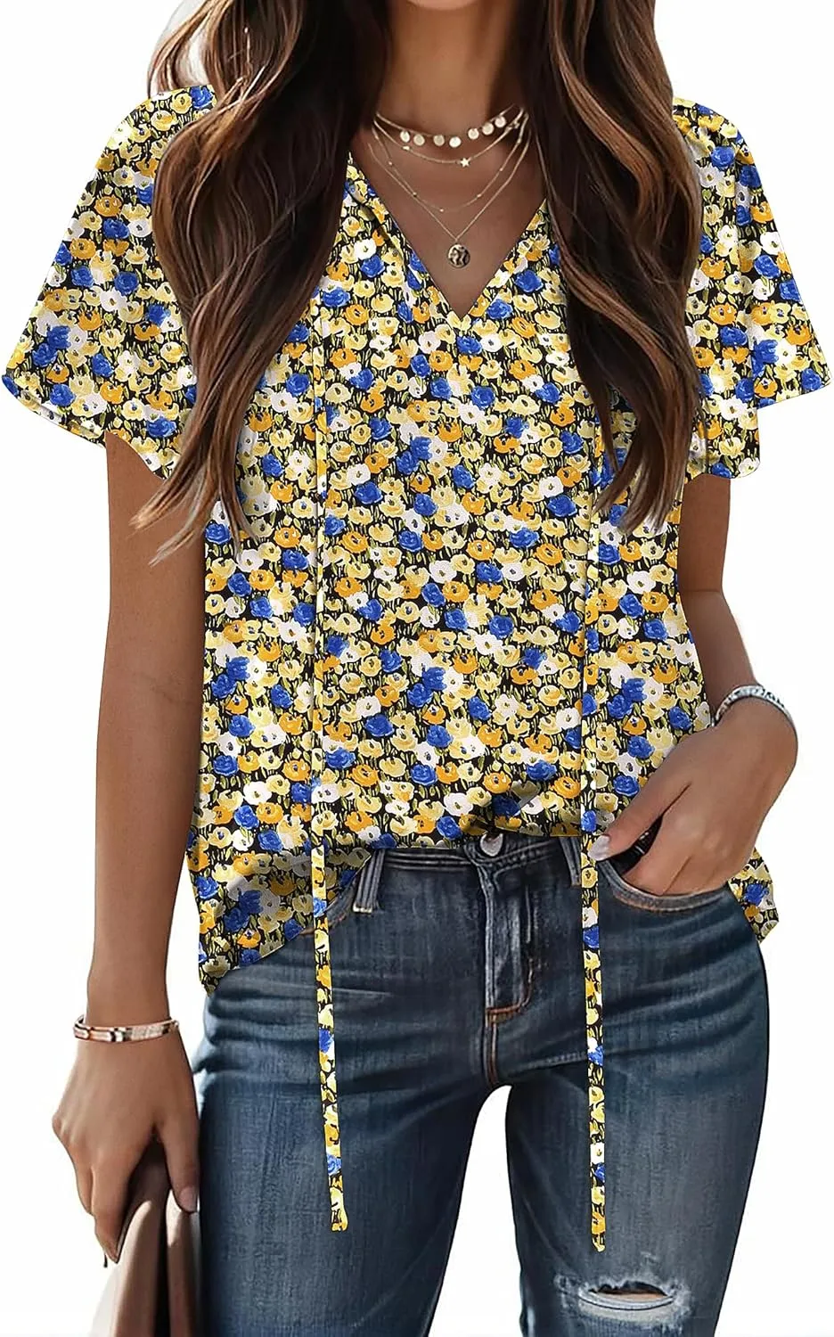 HOTOUCH Women's Casual Short Sleeve Shirts Summer Printed V Neck Blouses Drawstring Ruffled Boho T Shirt Flowy Tunic