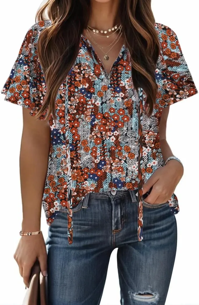 HOTOUCH Women's Casual Short Sleeve Shirts Summer Printed V Neck Blouses Drawstring Ruffled Boho T Shirt Flowy Tunic