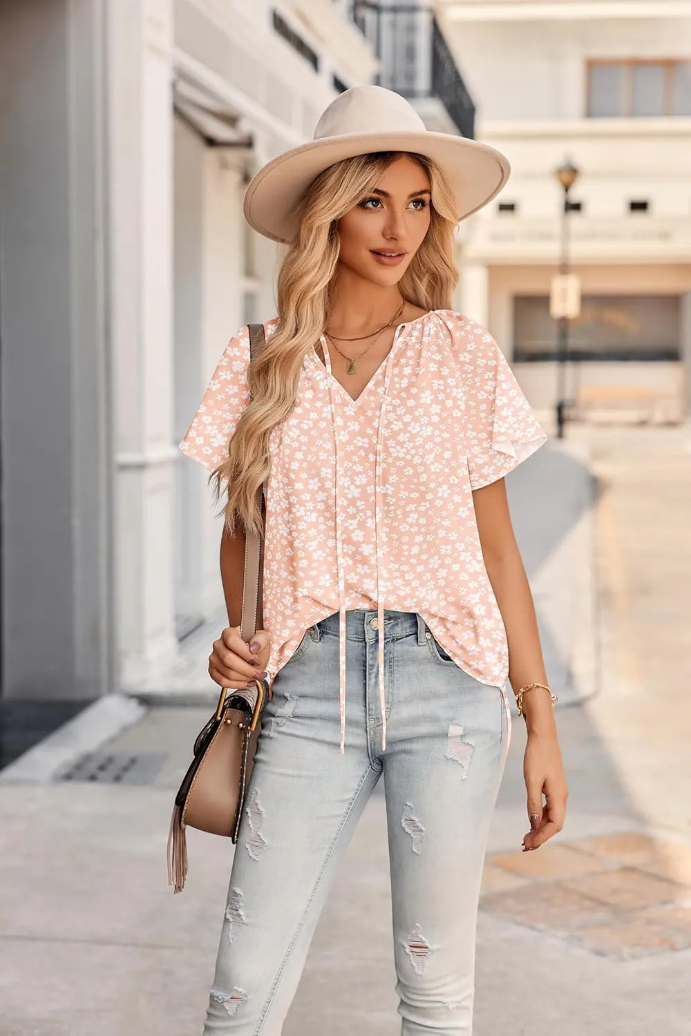 HOTOUCH Women's Casual Short Sleeve Shirts Summer Printed V Neck Blouses Drawstring Ruffled Boho T Shirt Flowy Tunic