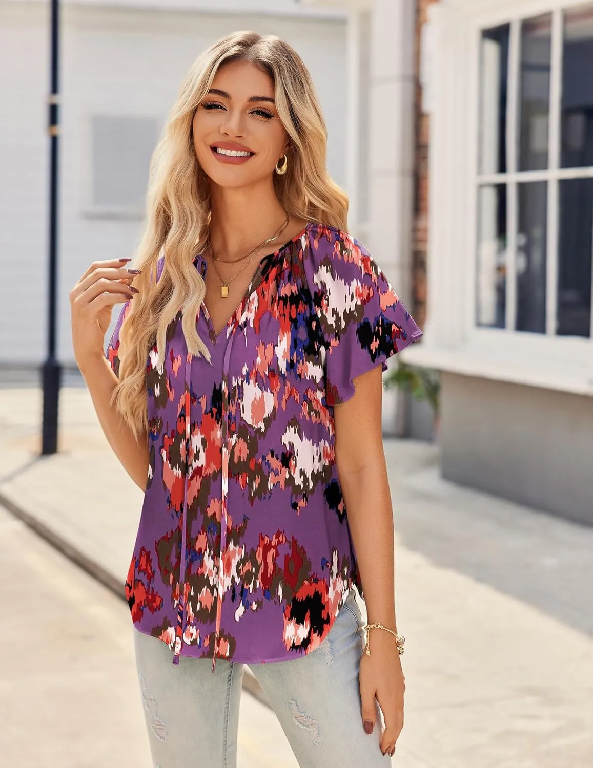 HOTOUCH Women's Casual Short Sleeve Shirts Summer Printed V Neck Blouses Drawstring Ruffled Boho T Shirt Flowy Tunic