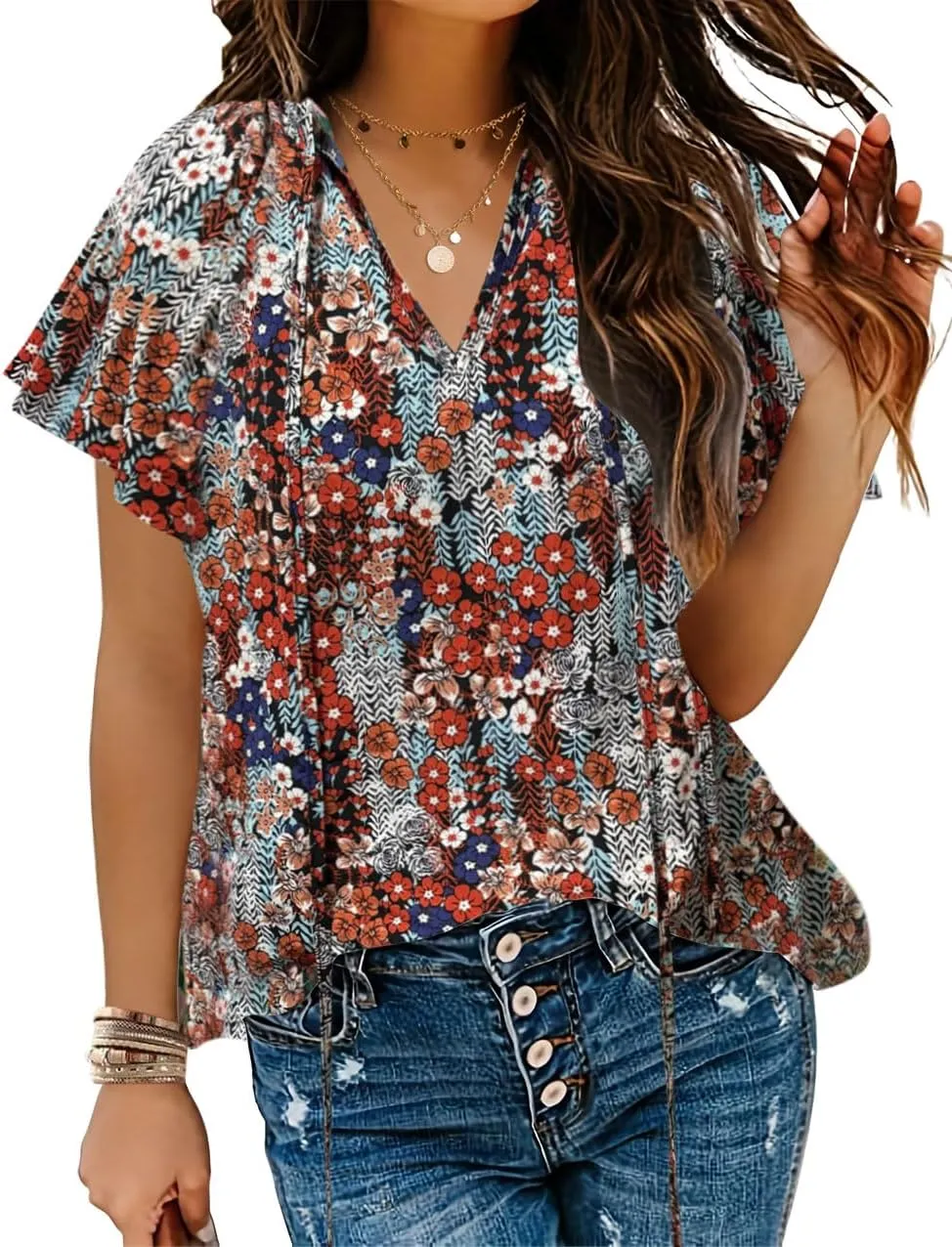 HOTOUCH Women's Casual Short Sleeve Shirts Summer Printed V Neck Blouses Drawstring Ruffled Boho T Shirt Flowy Tunic
