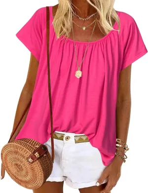HOTOUCH Womens Summer Tunic Tops Short Sleeve Shirts Crewneck Casual Blouse Loose Pleated Tops S-XXXL