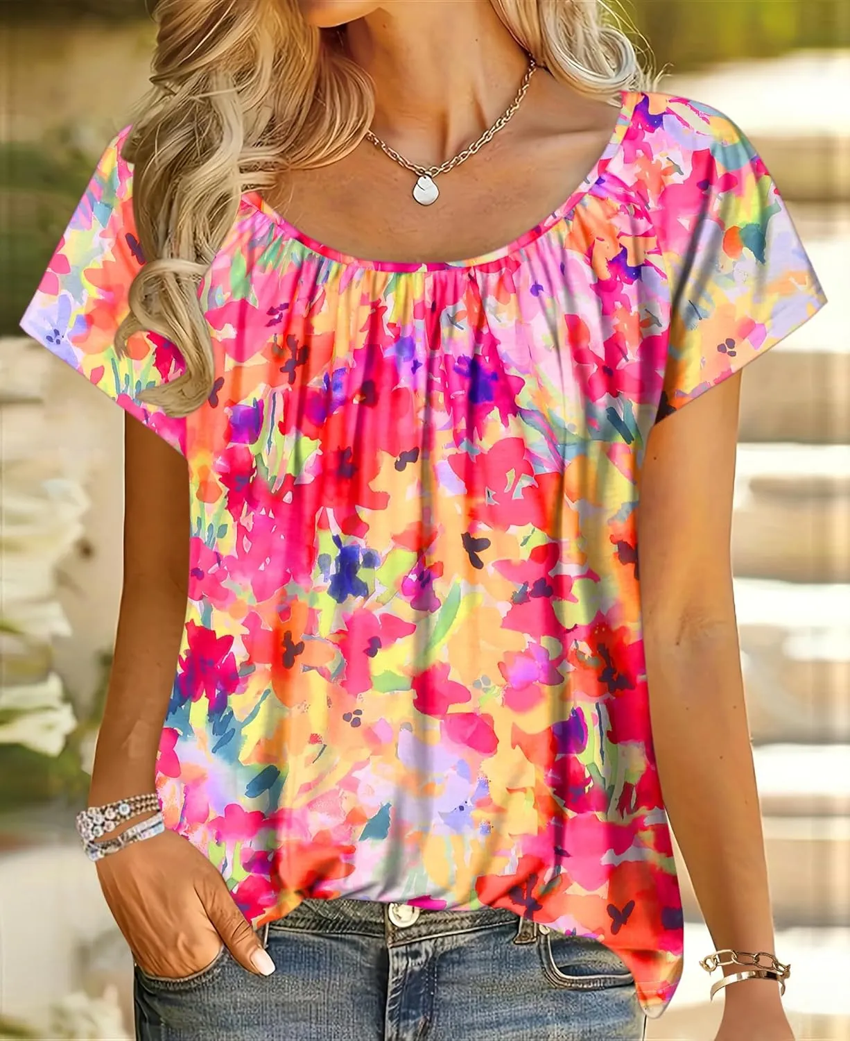 HOTOUCH Womens Summer Tunic Tops Short Sleeve Shirts Crewneck Casual Blouse Loose Pleated Tops S-XXXL