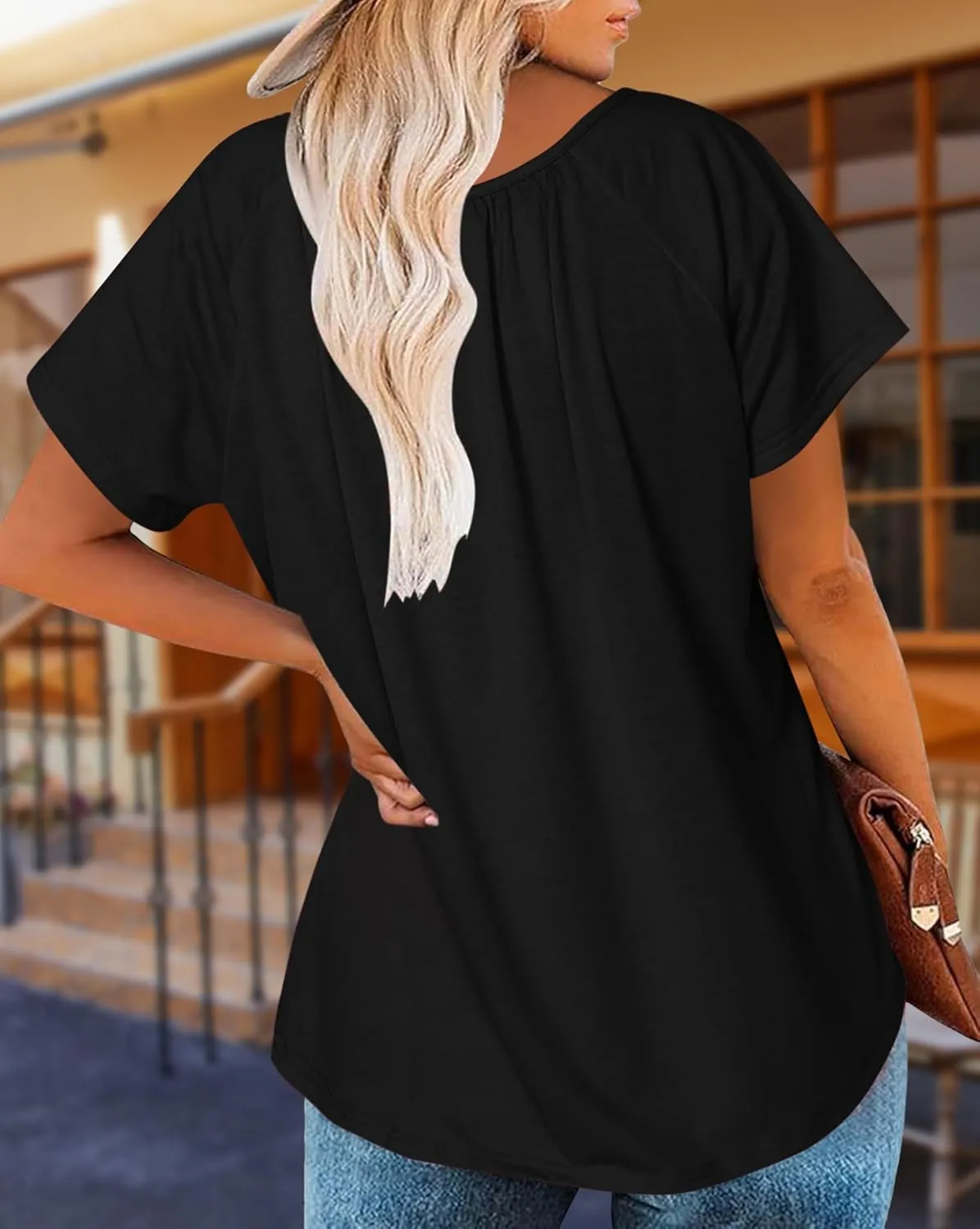 HOTOUCH Womens Summer Tunic Tops Short Sleeve Shirts Crewneck Casual Blouse Loose Pleated Tops S-XXXL