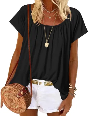 HOTOUCH Womens Summer Tunic Tops Short Sleeve Shirts Crewneck Casual Blouse Loose Pleated Tops S-XXXL
