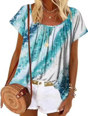 HOTOUCH Womens Summer Tunic Tops Short Sleeve Shirts Crewneck Casual Blouse Loose Pleated Tops S-XXXL