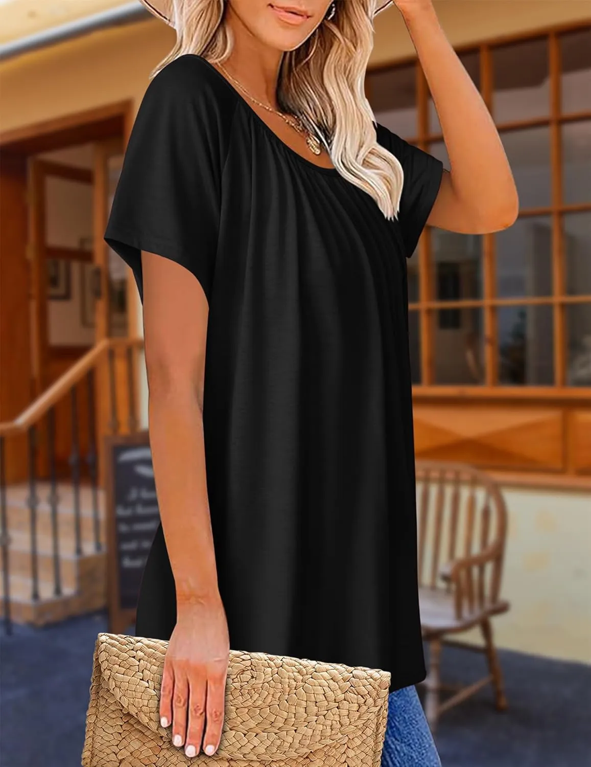 HOTOUCH Womens Summer Tunic Tops Short Sleeve Shirts Crewneck Casual Blouse Loose Pleated Tops S-XXXL