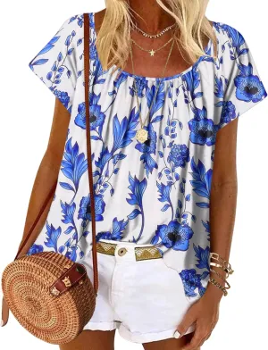 HOTOUCH Womens Summer Tunic Tops Short Sleeve Shirts Crewneck Casual Blouse Loose Pleated Tops S-XXXL