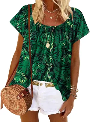 HOTOUCH Womens Summer Tunic Tops Short Sleeve Shirts Crewneck Casual Blouse Loose Pleated Tops S-XXXL