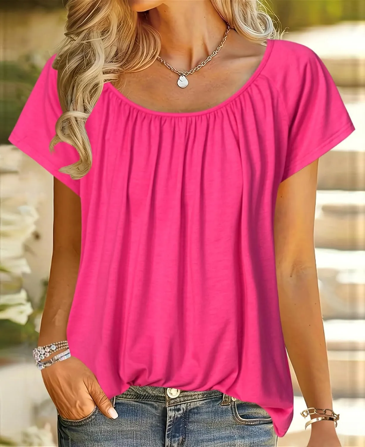 HOTOUCH Womens Summer Tunic Tops Short Sleeve Shirts Crewneck Casual Blouse Loose Pleated Tops S-XXXL