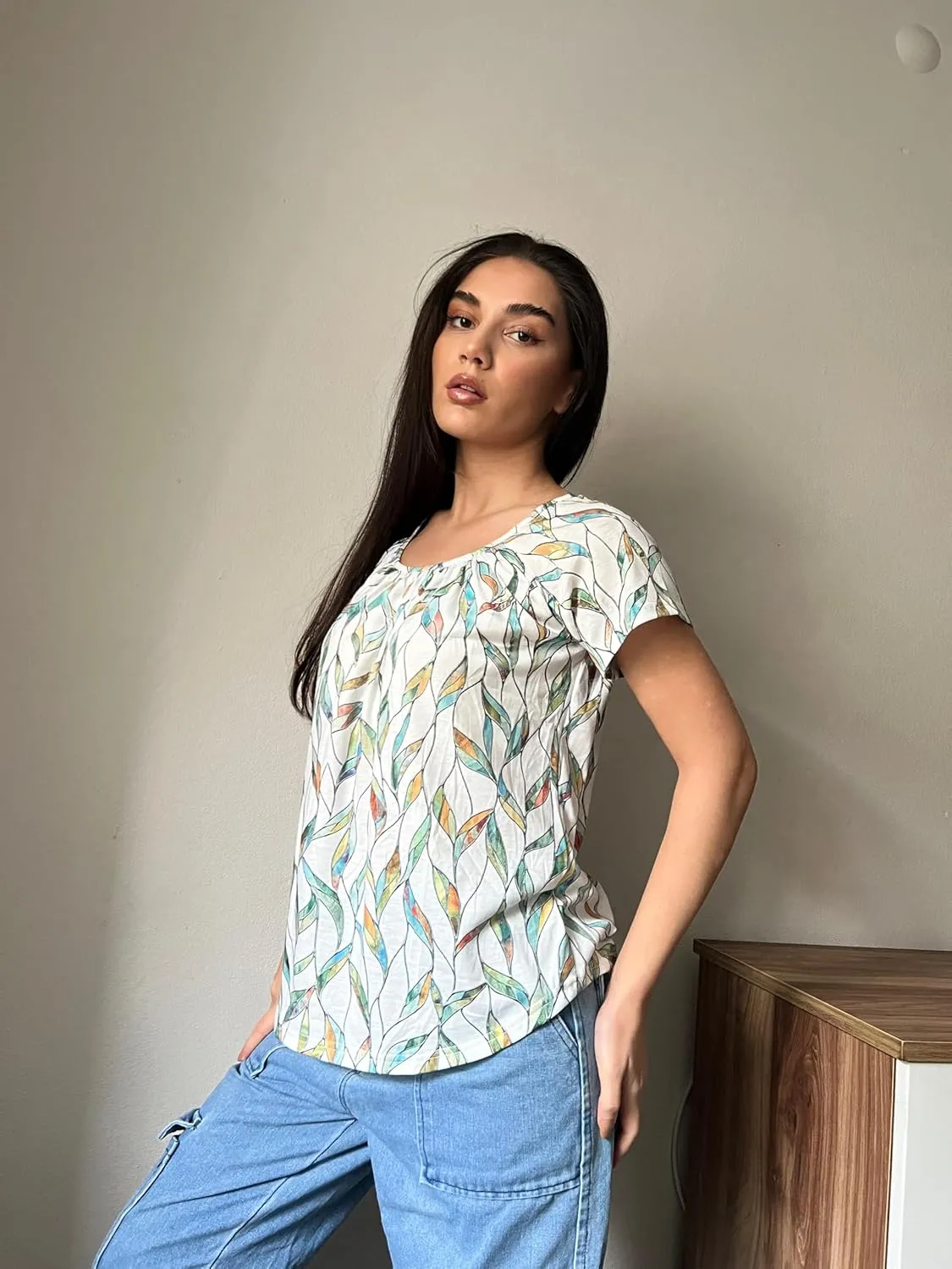HOTOUCH Womens Summer Tunic Tops Short Sleeve Shirts Crewneck Casual Blouse Loose Pleated Tops S-XXXL
