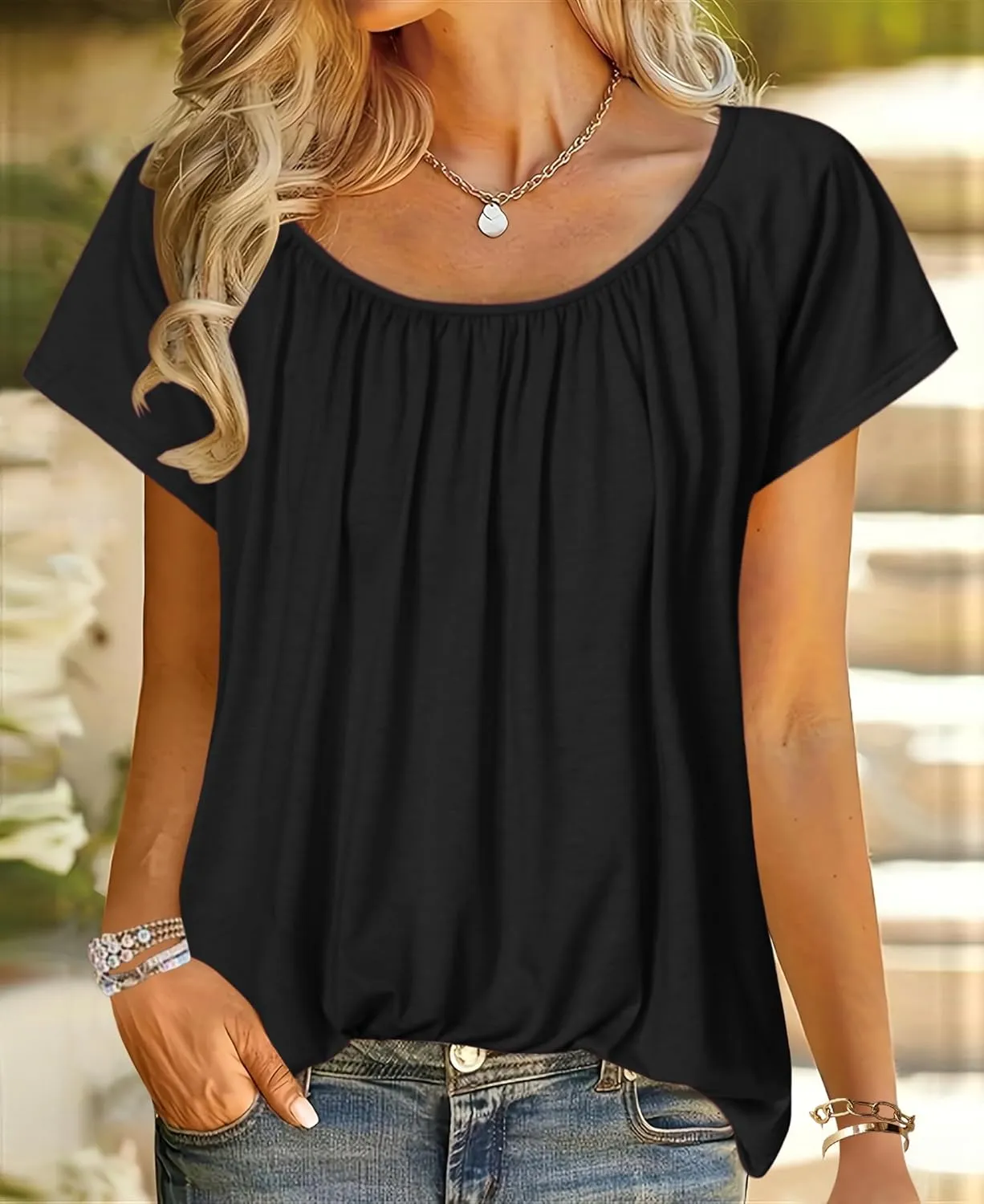 HOTOUCH Womens Summer Tunic Tops Short Sleeve Shirts Crewneck Casual Blouse Loose Pleated Tops S-XXXL