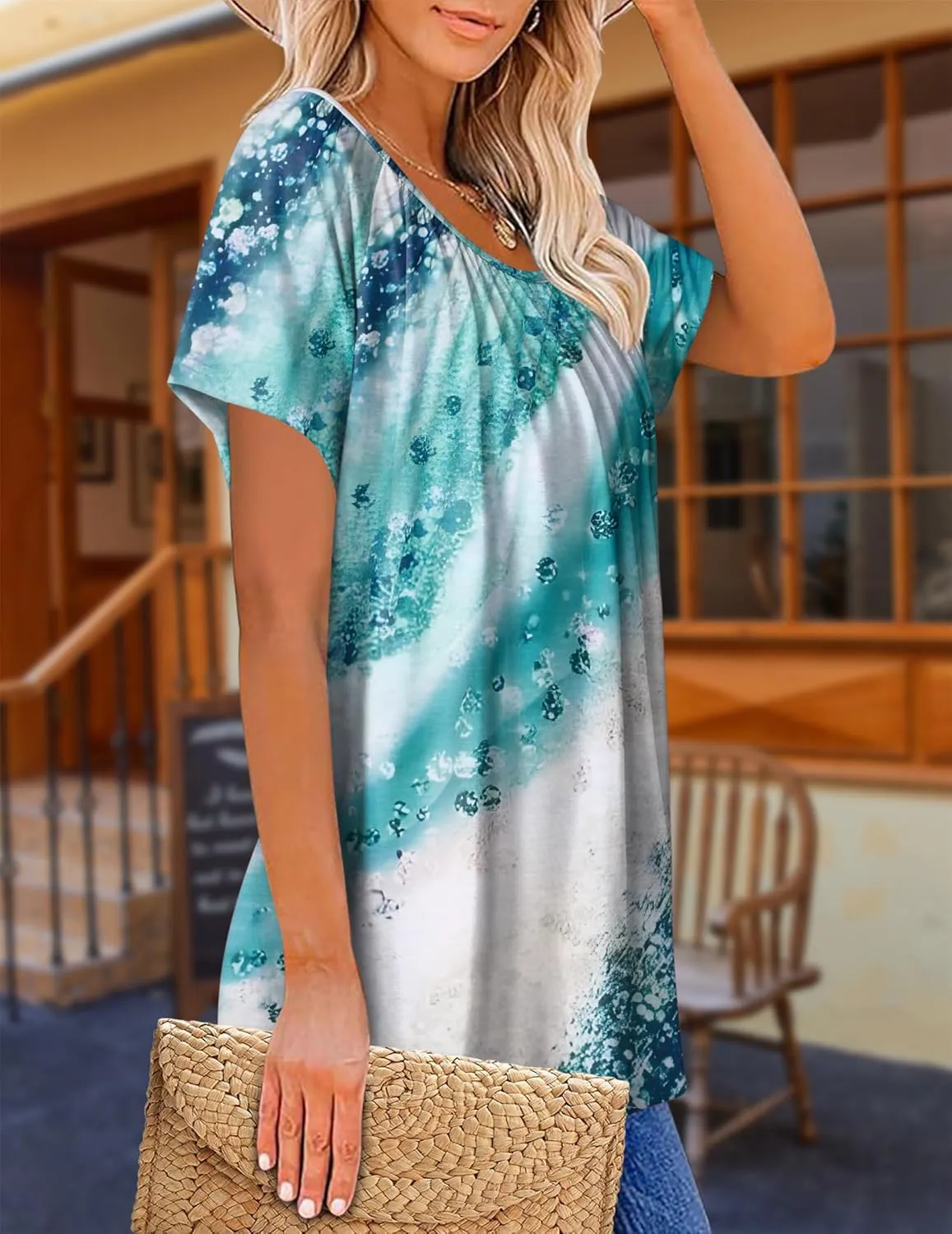 HOTOUCH Womens Summer Tunic Tops Short Sleeve Shirts Crewneck Casual Blouse Loose Pleated Tops S-XXXL