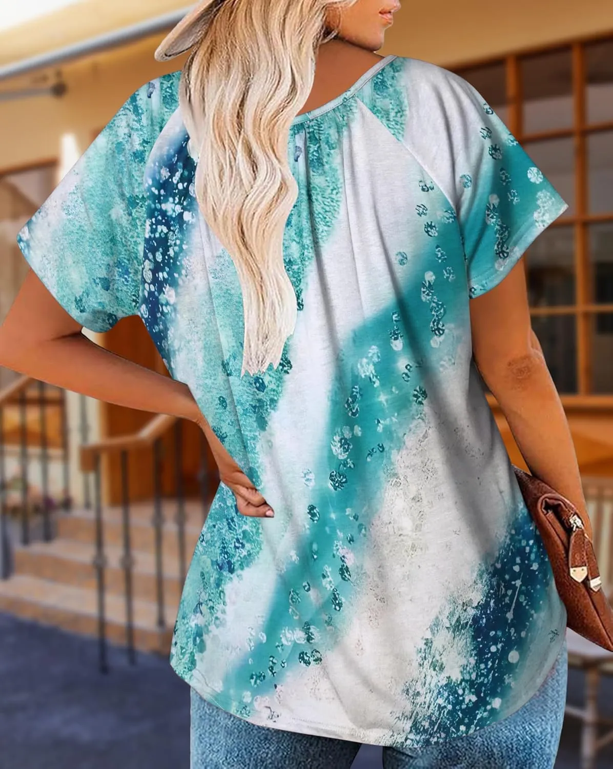 HOTOUCH Womens Summer Tunic Tops Short Sleeve Shirts Crewneck Casual Blouse Loose Pleated Tops S-XXXL