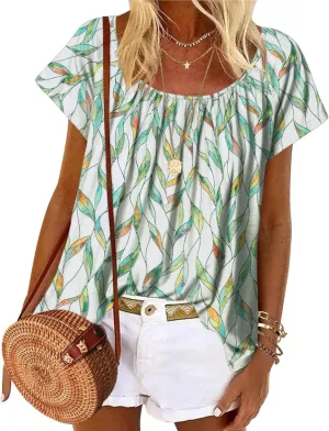 HOTOUCH Womens Summer Tunic Tops Short Sleeve Shirts Crewneck Casual Blouse Loose Pleated Tops S-XXXL