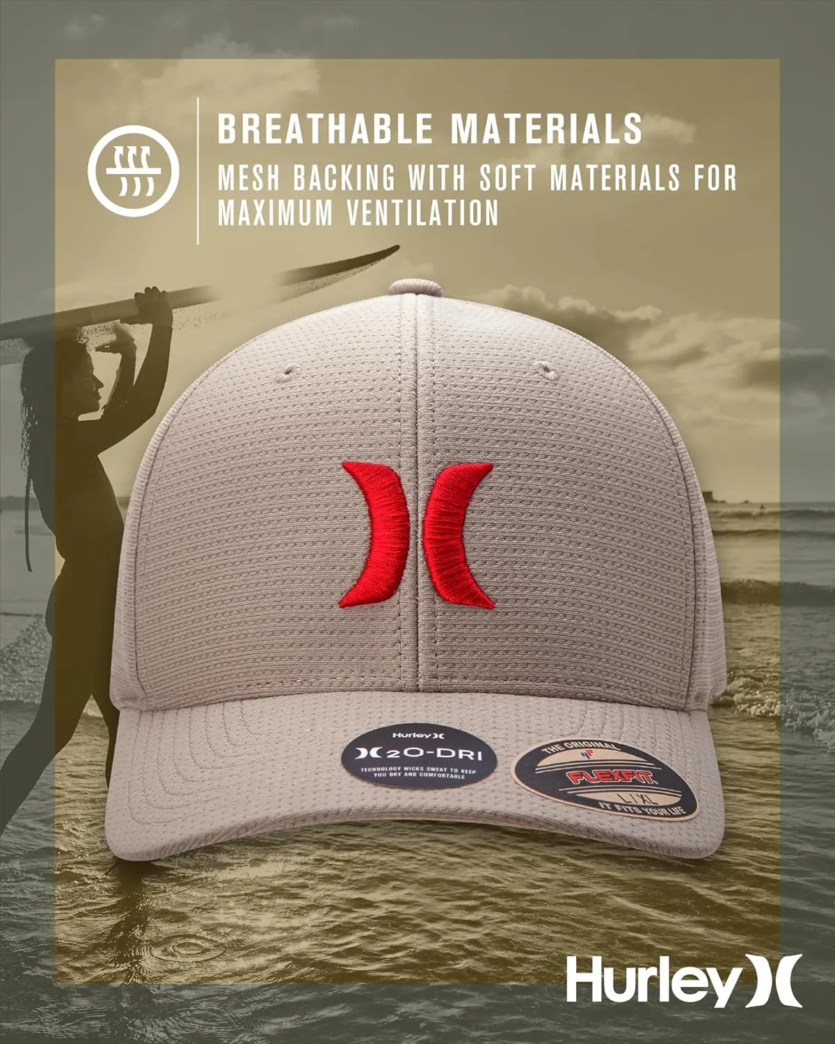 Hurley Men's Baseball Cap  Lightweight Curved Bill H2O Dri Fitted Caps for Men