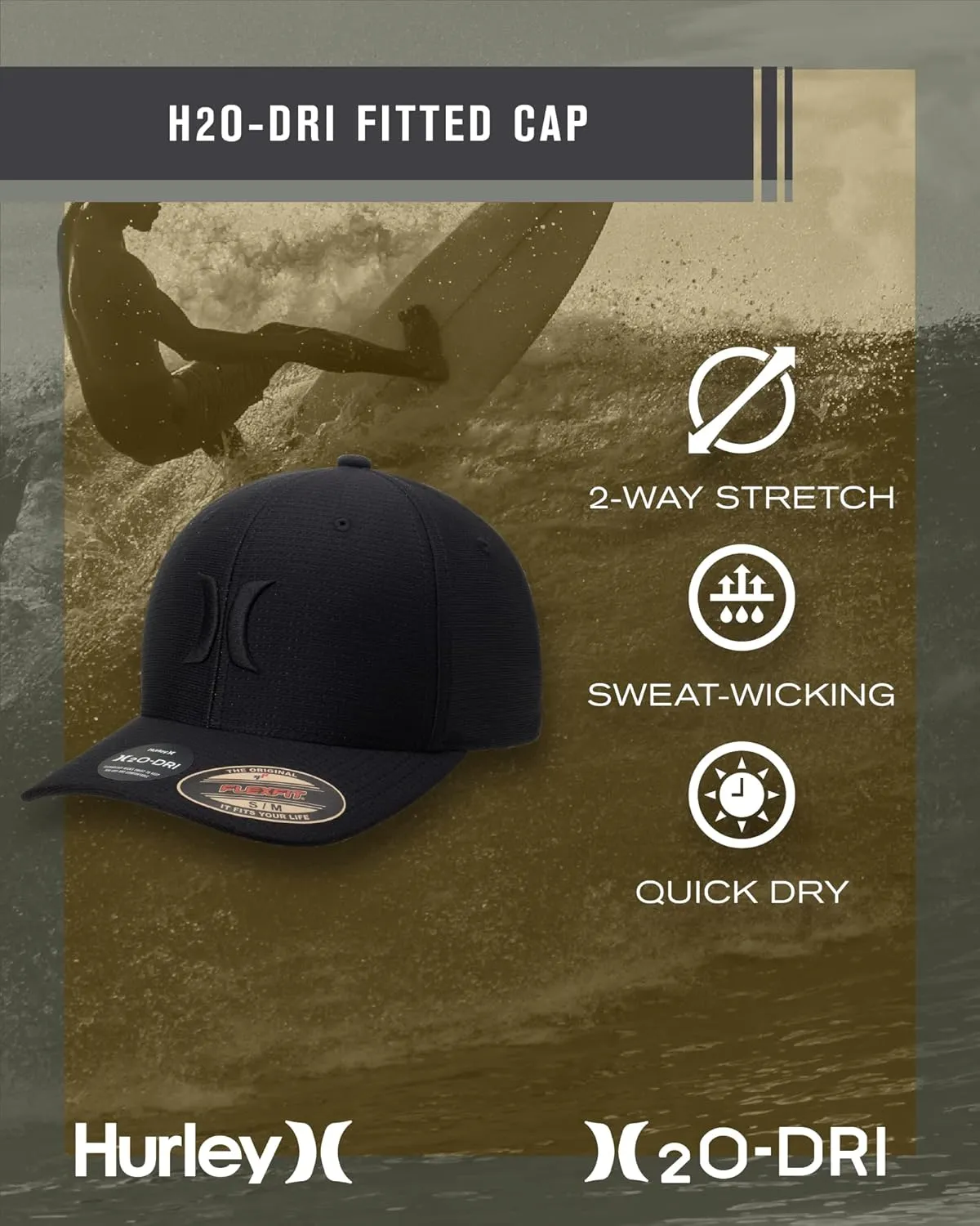 Hurley Men's Baseball Cap  Lightweight Curved Bill H2O Dri Fitted Caps for Men