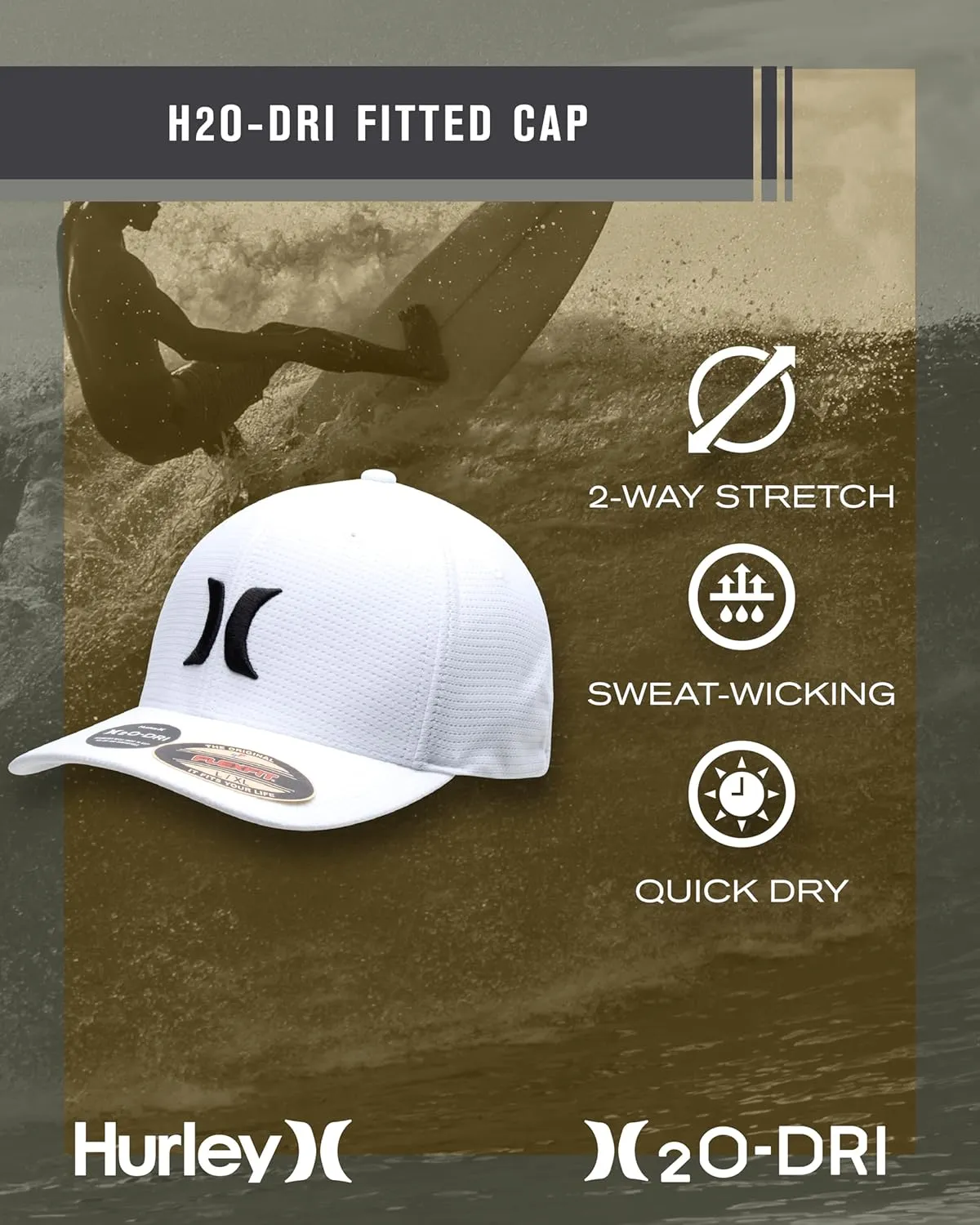 Hurley Men's Baseball Cap  Lightweight Curved Bill H2O Dri Fitted Caps for Men