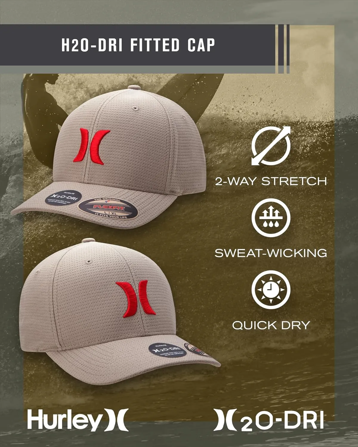 Hurley Men's Baseball Cap  Lightweight Curved Bill H2O Dri Fitted Caps for Men