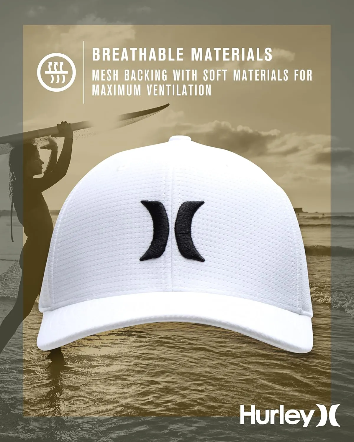 Hurley Men's Baseball Cap  Lightweight Curved Bill H2O Dri Fitted Caps for Men