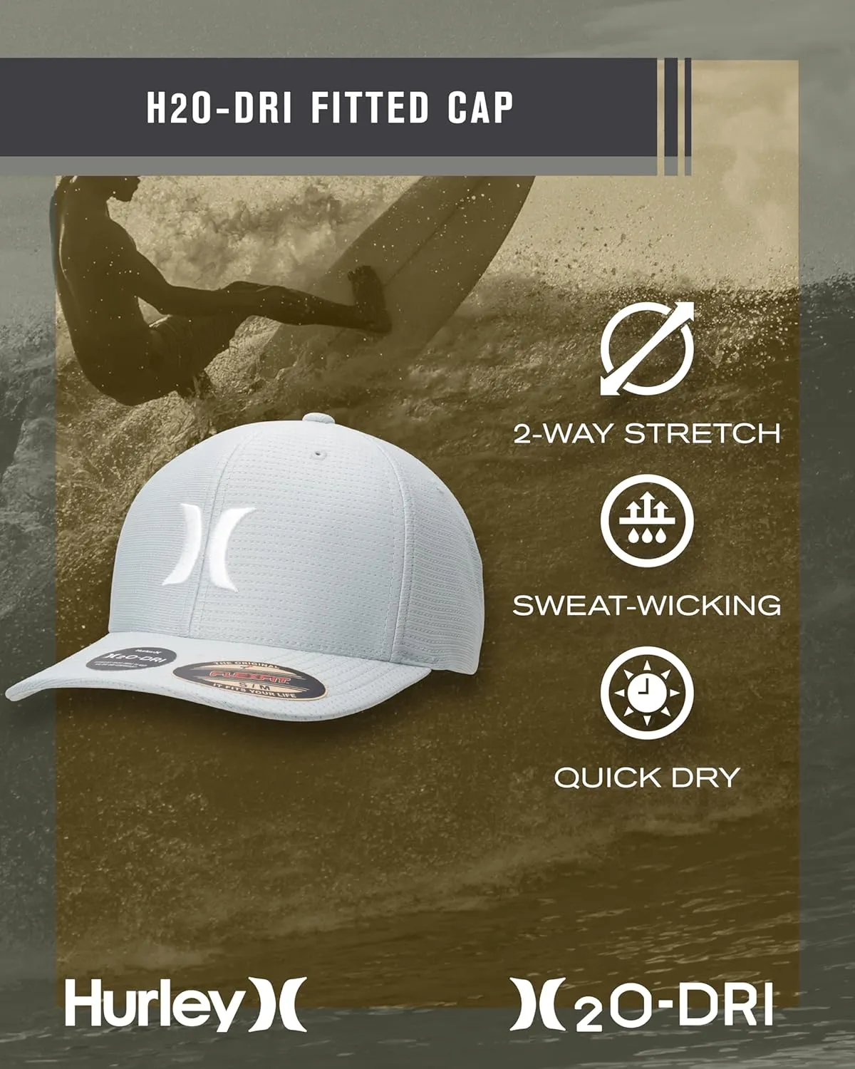 Hurley Men's Baseball Cap  Lightweight Curved Bill H2O Dri Fitted Caps for Men
