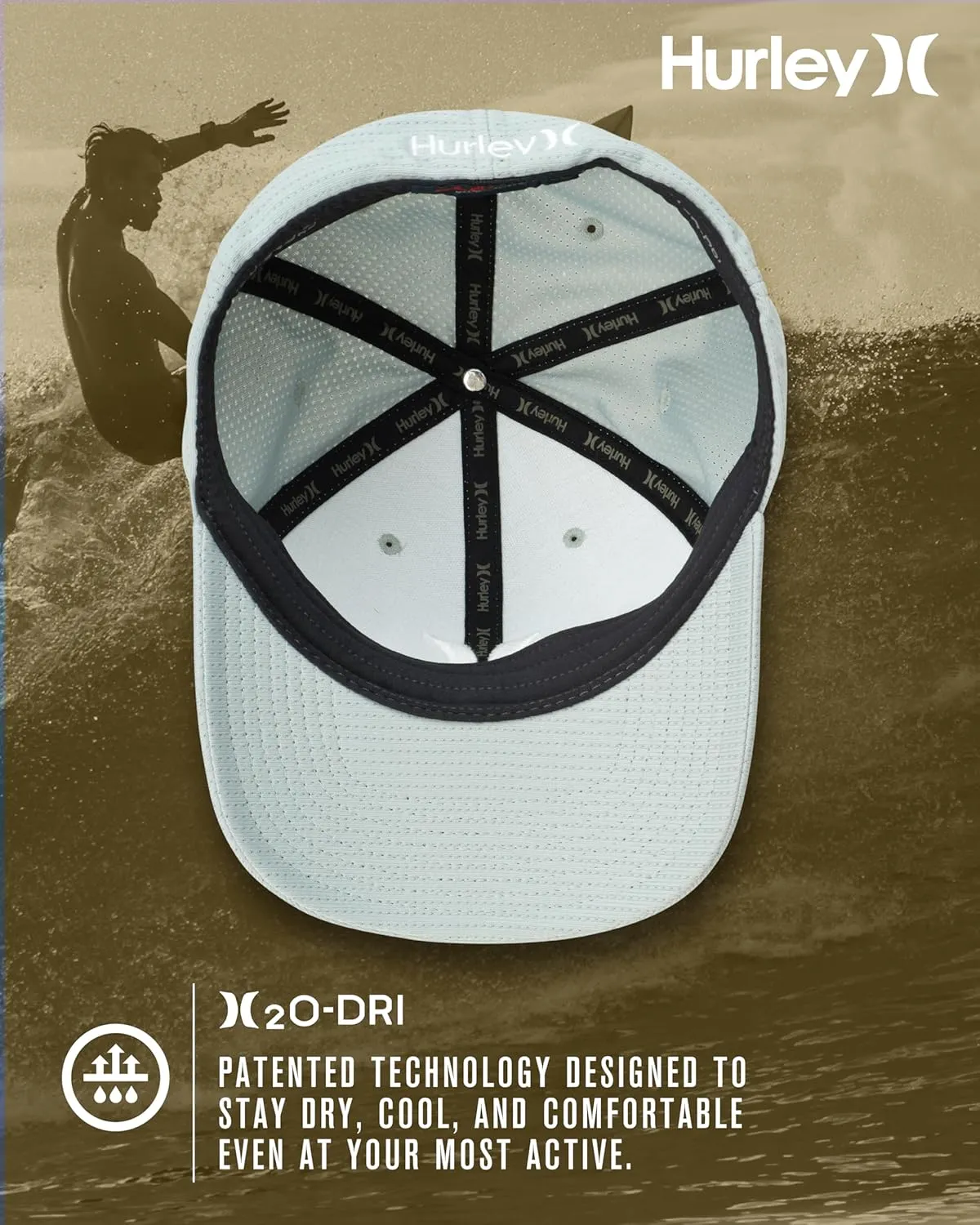 Hurley Men's Baseball Cap  Lightweight Curved Bill H2O Dri Fitted Caps for Men