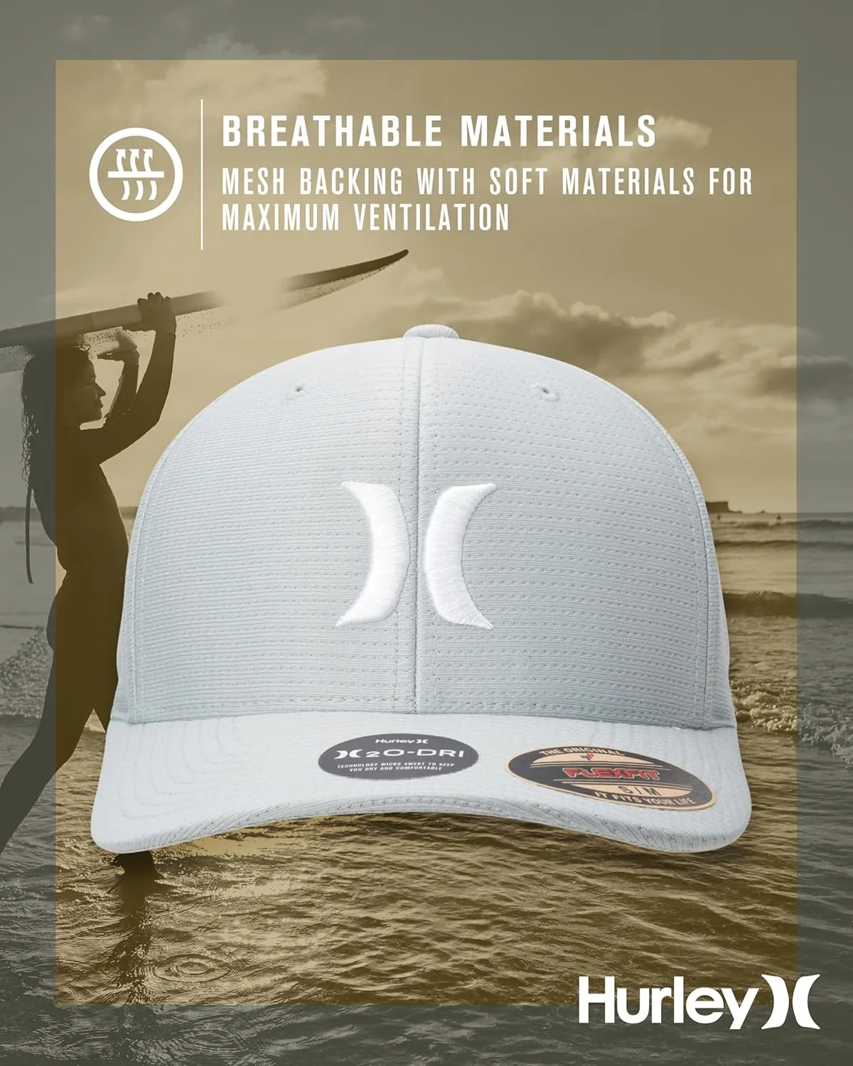 Hurley Men's Baseball Cap  Lightweight Curved Bill H2O Dri Fitted Caps for Men