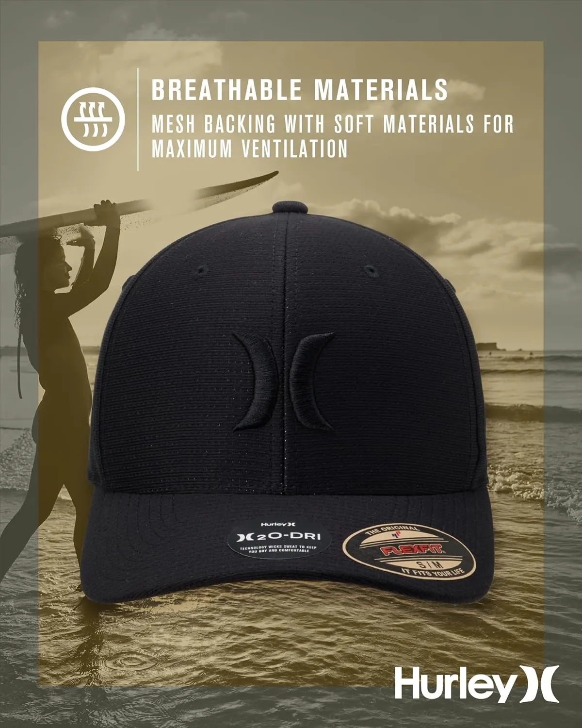 Hurley Men's Baseball Cap  Lightweight Curved Bill H2O Dri Fitted Caps for Men